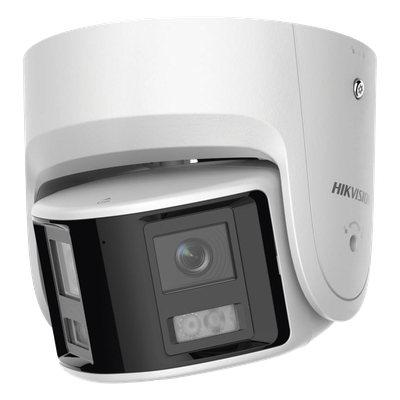 Cámara Turret IP / 4 Megapixel / Dual Lente 2.8 mm / Panorámica 180° / IR 30 m (98.4 ft) / IP67 / Audio Bidireccional / AcuSense / WDR 120 dB