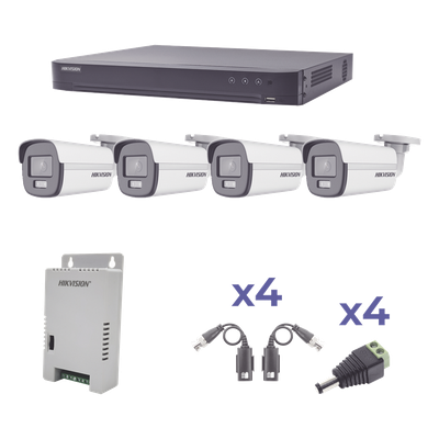 Kit de Videovigilancia TurboHD / 4 Canales / 4 Cámaras Bala 1080p / ColorVu 24/7 / Lente 2.8mm / 98° / Fuente Regulada / Transceptores UTP