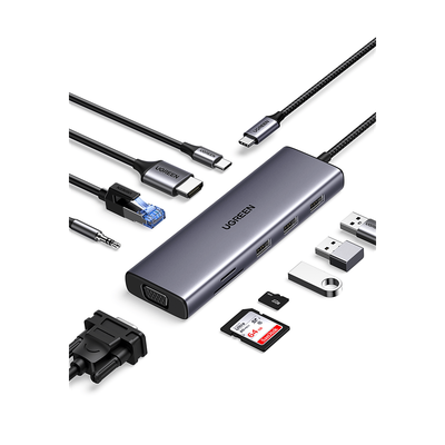 Hub USB-C / 10 en 1 / HDMI 4K@30Hz / VGA 1920x1200 / 3x USB 3.0 5Gbps / Ethernet Gigabit / SD/TF / PD 100W / Audio 3.5mm / Aluminio