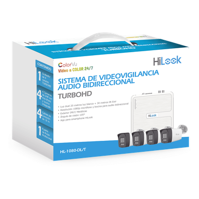 Kit TurboHD / DVR 4 Canales / 4 Cámaras Bala 1080p Lite / Visión Nocturna 20 m (65.6 ft) / Audio Bidireccional / Dual Light / H.265+ / Fuente de Poder Profesional / Cables Siameses 18 m (59.1 ft)