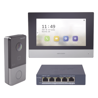 Kit de Videoportero IP / Pantalla Táctil 7" / Cámara 1080p / IR Nocturno 3 m (9.8 ft) / IP65 / PoE / Apertura MIFARE / App Móvil