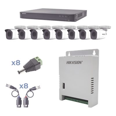 Kit TurboHD / DVR 8 Canales / 8 Cámaras Bala 1080p / Lente 2.8 mm / IR 20 m (65.6 ft) / Fuente Regulada hasta 15 Vcc / Transceptores UTP