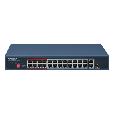 Switch PoE+ / 24 Puertos 10/100 Mbps PoE+ / 2 Puertos Gigabit Uplink / 1 Puerto SFP Uplink / Modo Extendido 300 m (984 pies) / 230 W