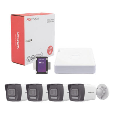Kit de Videovigilancia IP / 4 Megapixel / NVR 4 Canales PoE+ / 4 Cámaras Bala Dual Light / IR 30 m (98.4 ft) / Luz Blanca 30 m (98.4 ft) / Audio Integrado / SSD 1 TB / Cable 100 m (328.1 ft)