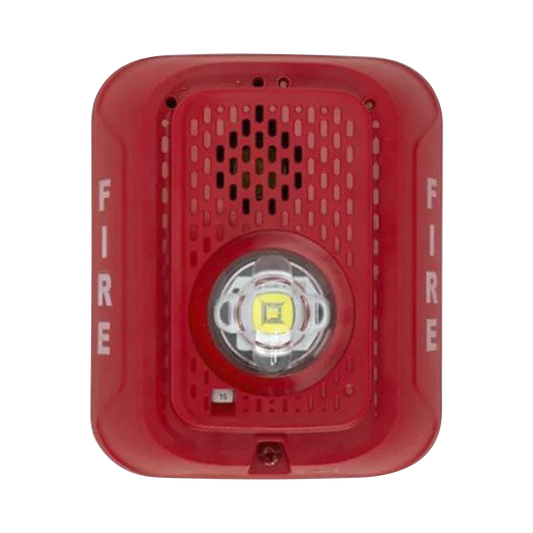 Sirena con Lámpara LED Estroboscópica / a 2 Hilos / Montaje en Pared / 24 Vcd / Configuración Estroboscópica Seleccionable / Texto en Inglés / Color Rojo