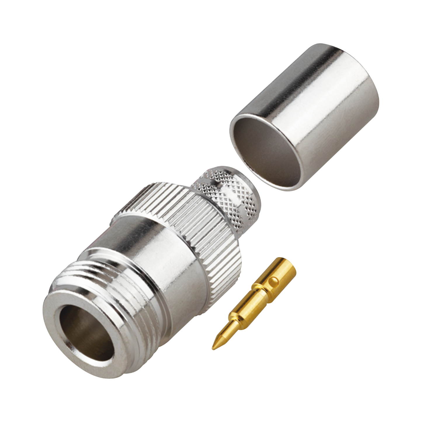 Conector N Hembra Inverso de Anillo Plegable para Cables 9913, RG-8/U, LMR-400, Grupo I, Níquel/ Oro/ Teflón.