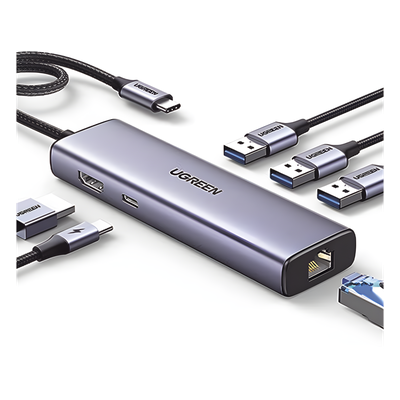 Hub USB-C 6 en 1 / 3 Puertos USB-A 3.0 (5 Gbps) / HDMI 4K@30Hz / PD 100W / Gigabit Ethernet / Aluminio