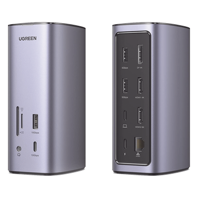 Docking Station USB-C 12 en 1 / 8K HDMI / 4K DisplayPort / USB 3.2 Gen 2 10Gbps / Gigabit Ethernet / Lector SD+MicroSD / Audio 3.5mm / PD 100W