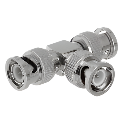 Adaptador Coaxial Tipo T / Triple BNC Macho / 75 Ohm / RG-59 y RG-6 / Níquel y Oro / 39.9 mm de Longitud