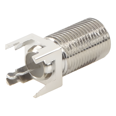 Conector F Hembra / Montaje Vertical PCB / 4 Terminales de Soldadura / Separación 0.32" / Cuerpo Níquel / Contacto Estañado / Dieléctrico Polietileno