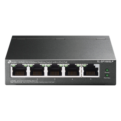 Switch PoE No Administrable / 5 Puertos 10/100 Mbps / 4 Puertos PoE 802.3af / Presupuesto 41 W / Extensión PoE 250 m (820 ft) / Sin Ventilador