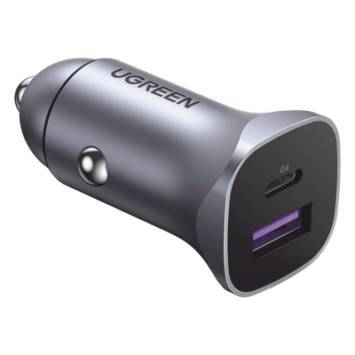 Cargador Vehicular / 30W / Puertos USB-C PD 3.0 y USB-A QC 3.0 / Entrada 12-24V / Aluminio / Protección Integral