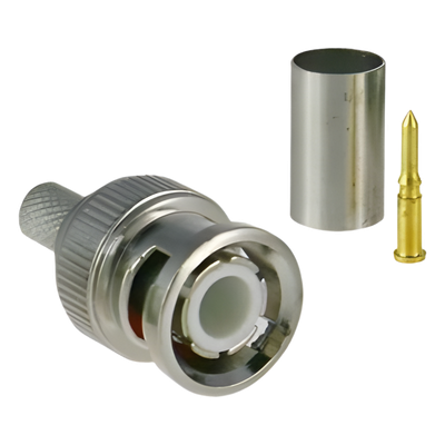 Conector BNC Macho / 75 Ohm / 3 Piezas en Línea / Anillo Plegable / RG-59/U / CCTV / Níquel-Oro-PTFE